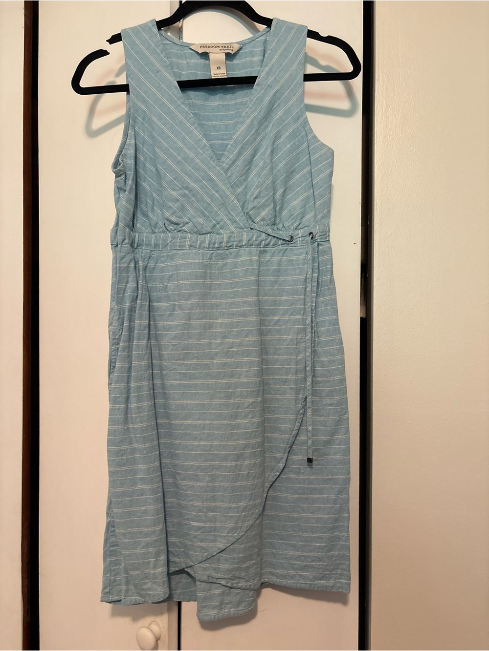 Light Blue Striped Sleeveless Wrap Midi Dress by Freedom Trail